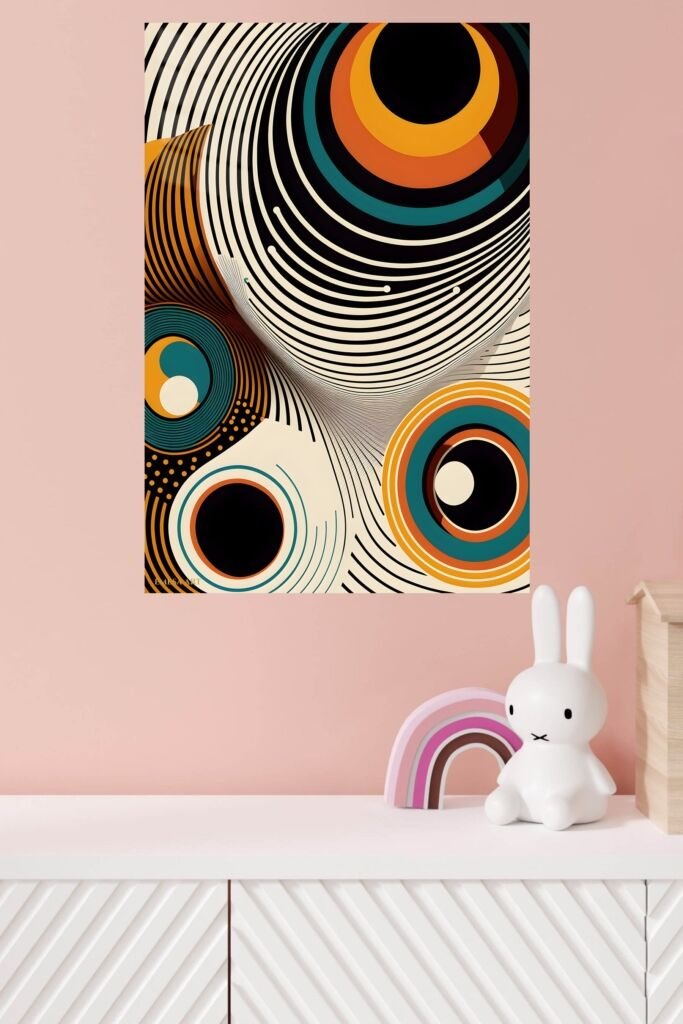 Retro Optical Circle Waves metal wall art in a modern interior