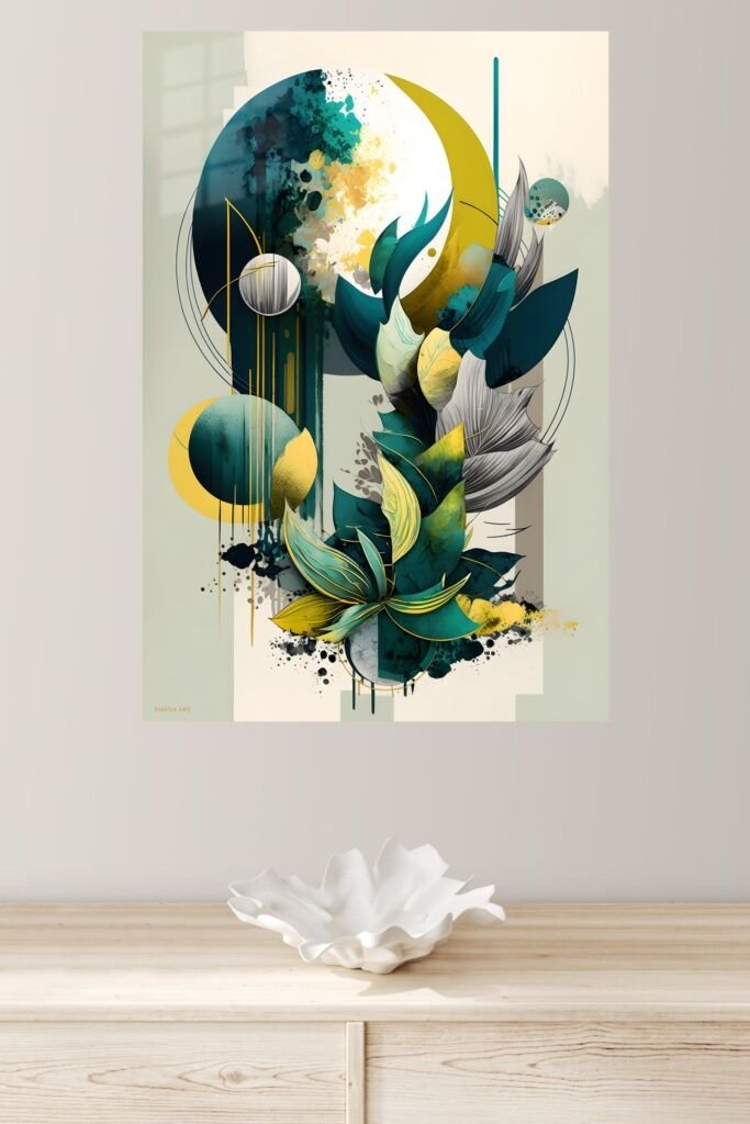 Teal Botanical Geometry metal wall art in a modern interior