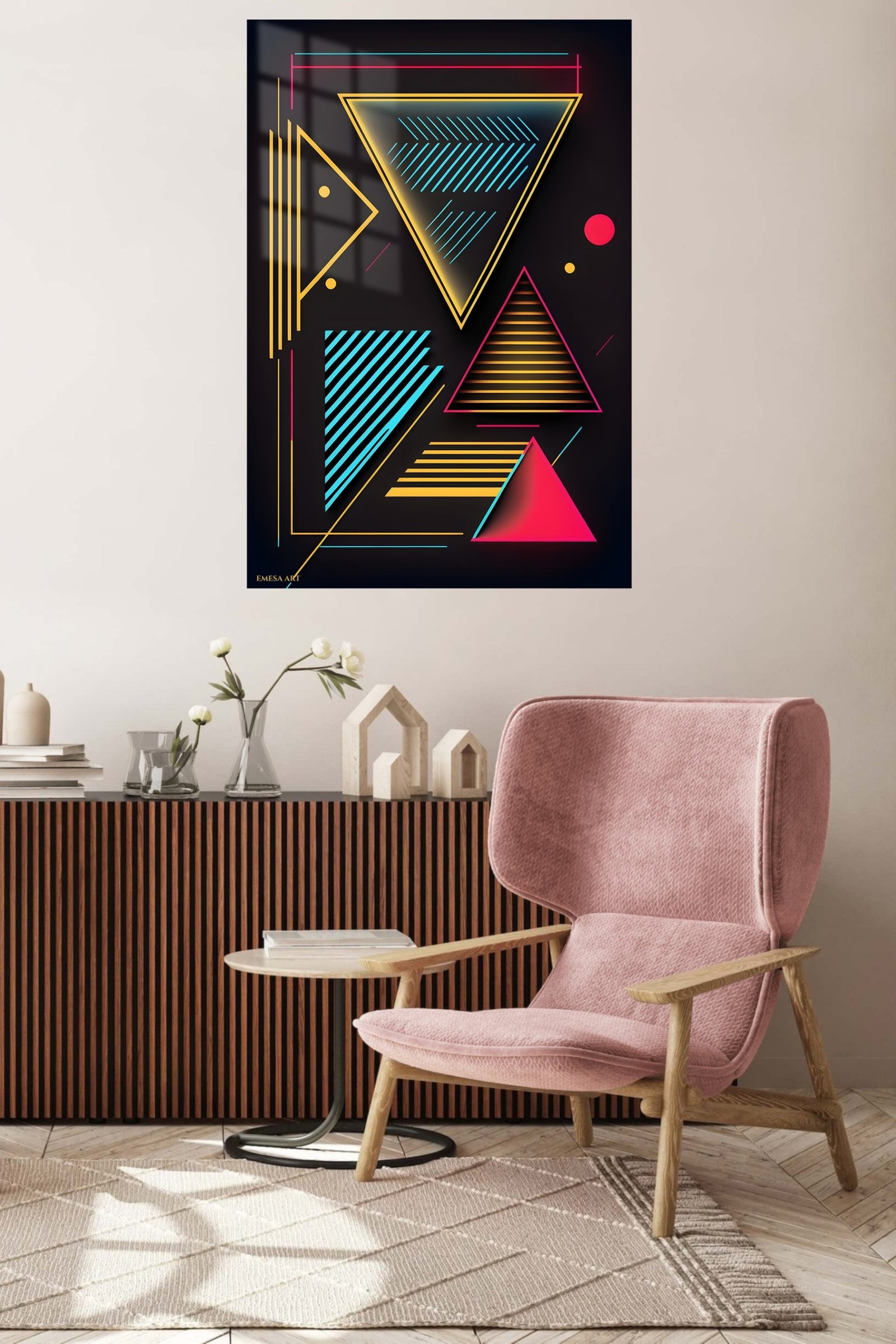 Neon Geometry on Black metal wall art print, view 5