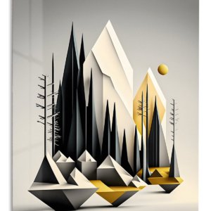 Geometric Mountain Forest in Gold metal wall art print