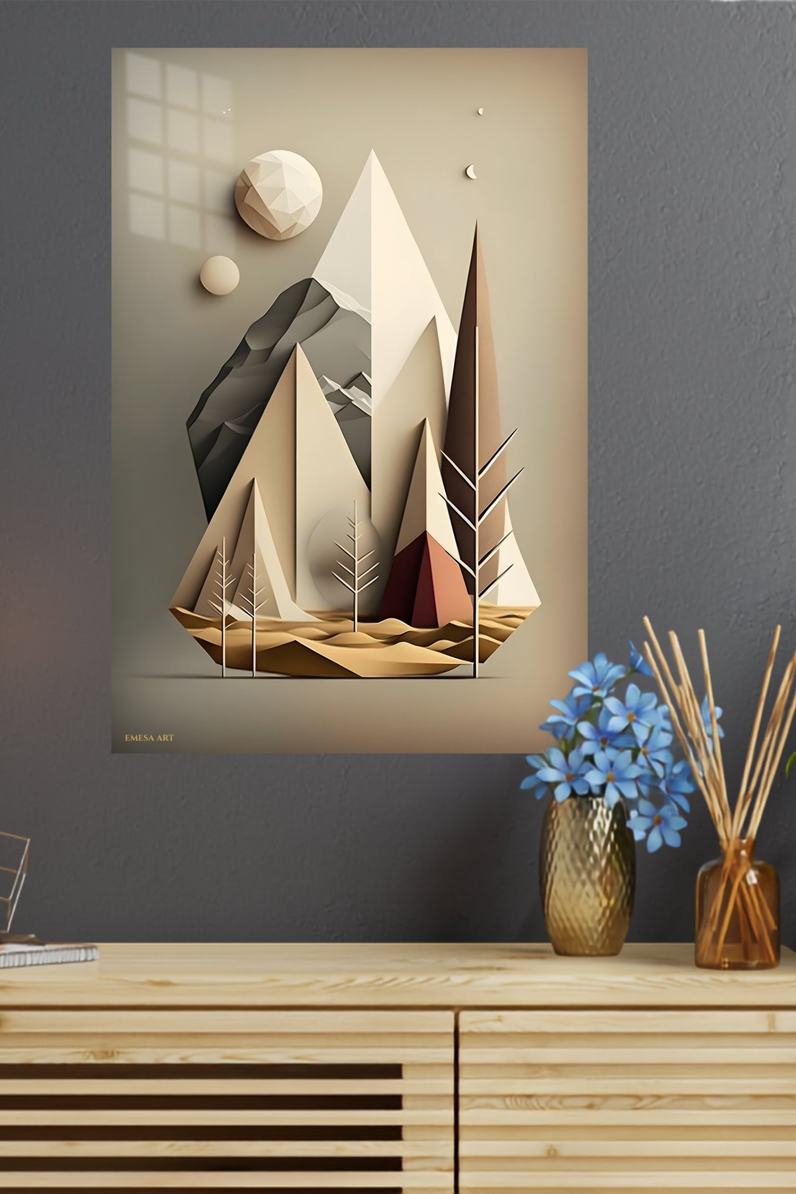 Layered Geometric Mountain Moon metal wall art print, view 4