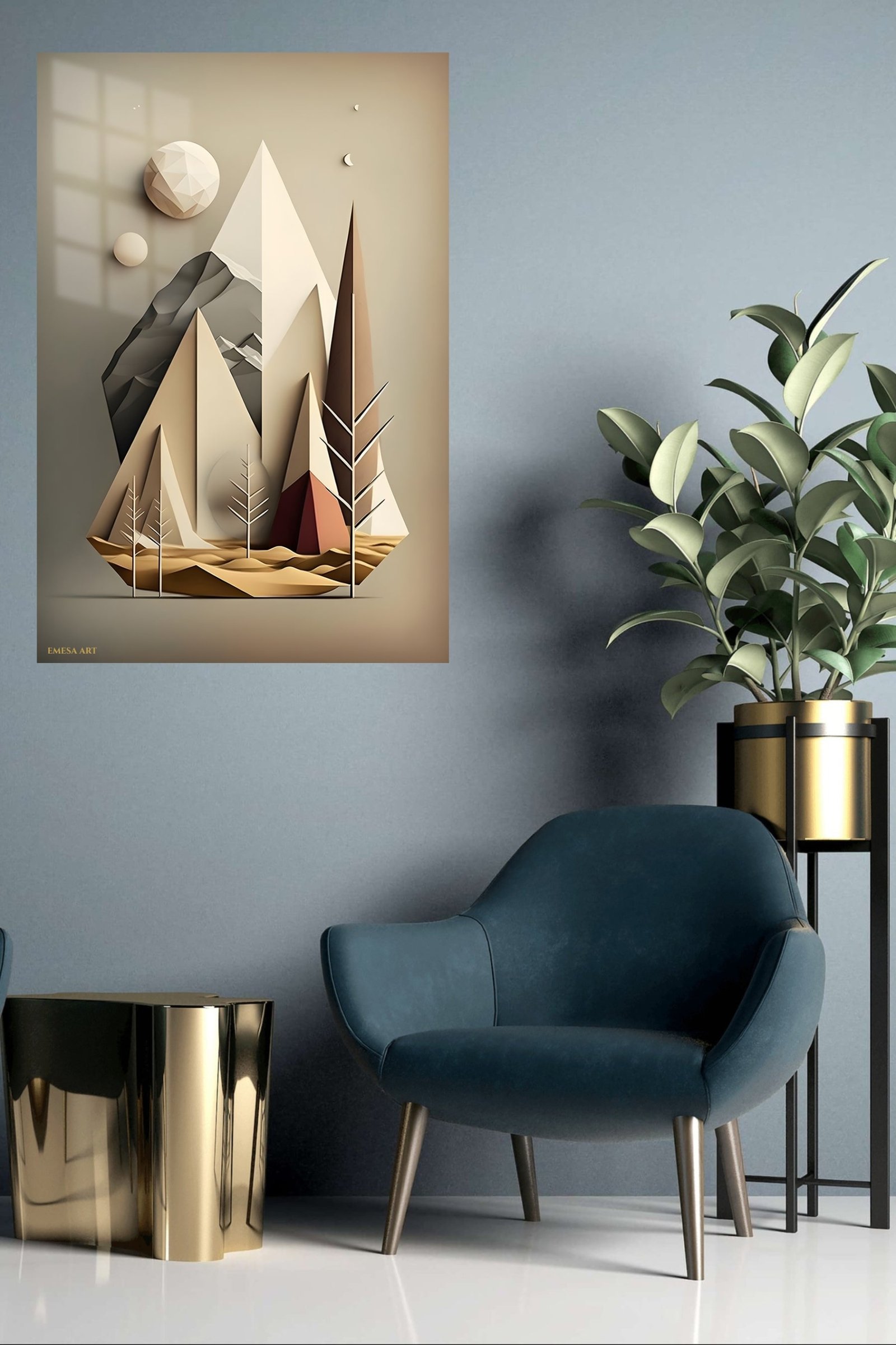 Layered Geometric Mountain Moon metal wall art print, view 5