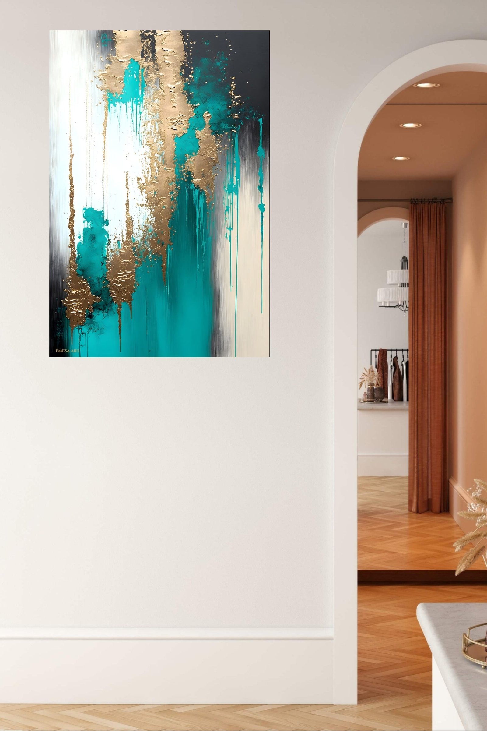 Teal and Gold Cascade metal wall art print, view 5