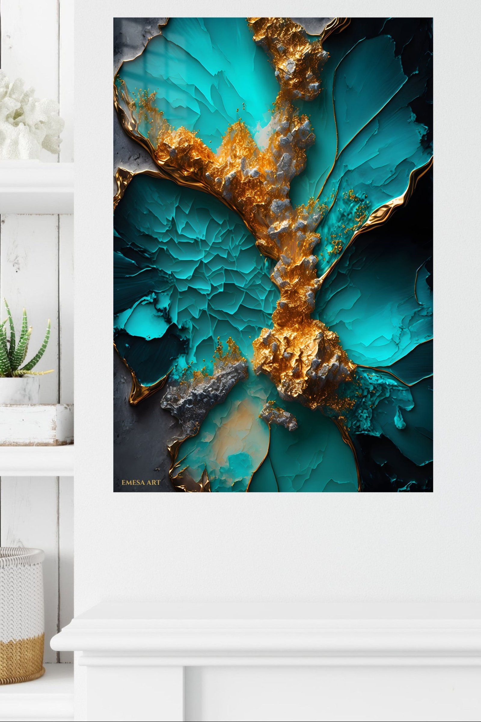 Turquoise Gold Mineral Vein metal wall art print, view 4