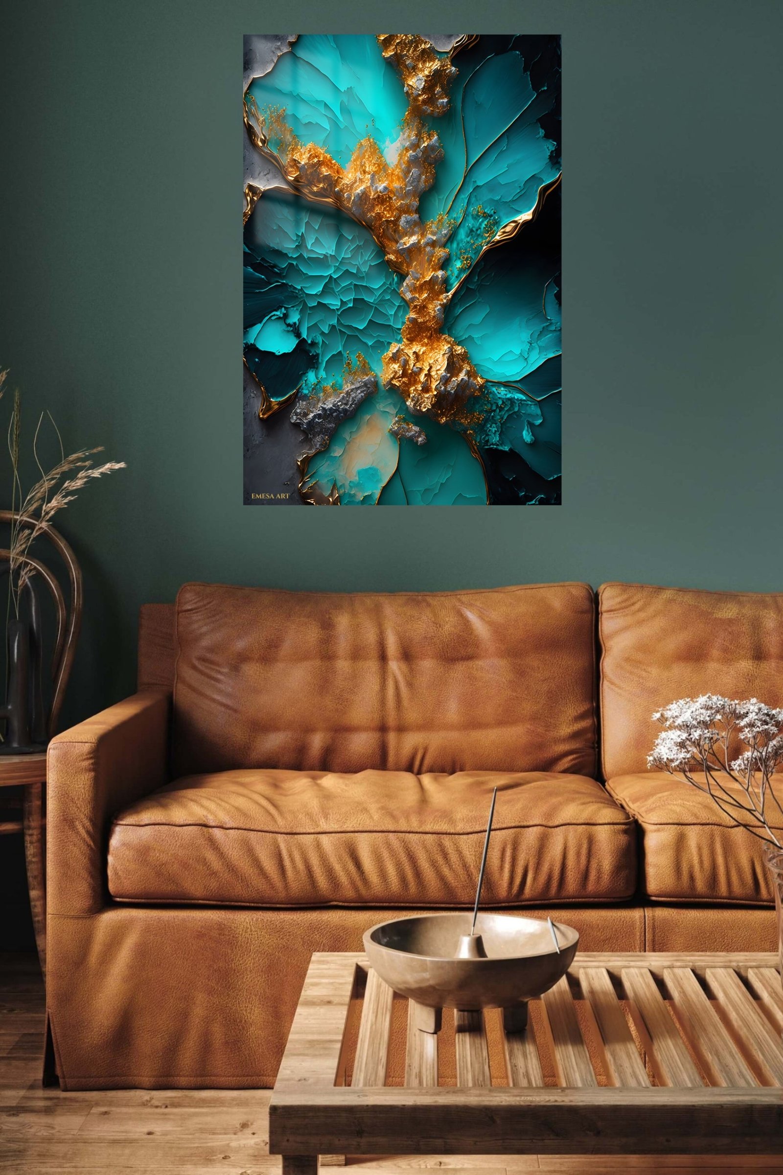 Turquoise Gold Mineral Vein metal wall art print, view 5