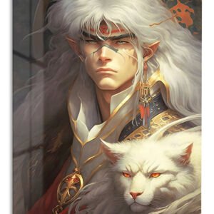 White-Haired Elf Warrior and Snow Lion metal wall art print