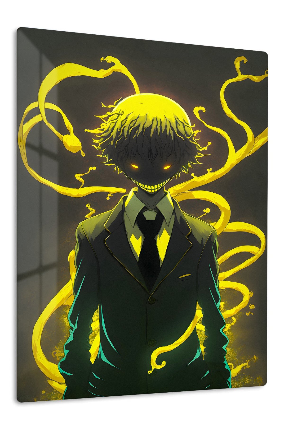 Grinning Shadow Figure with Golden Energy metal wall art print