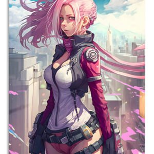 Pink-Haired Cyberpunk Sentinel metal wall art print