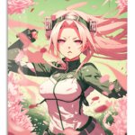 Pink-Haired Warrior Among Falling Petals metal wall art print