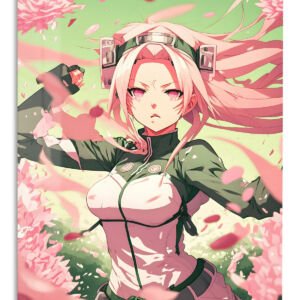 Pink-Haired Warrior Among Falling Petals metal wall art print