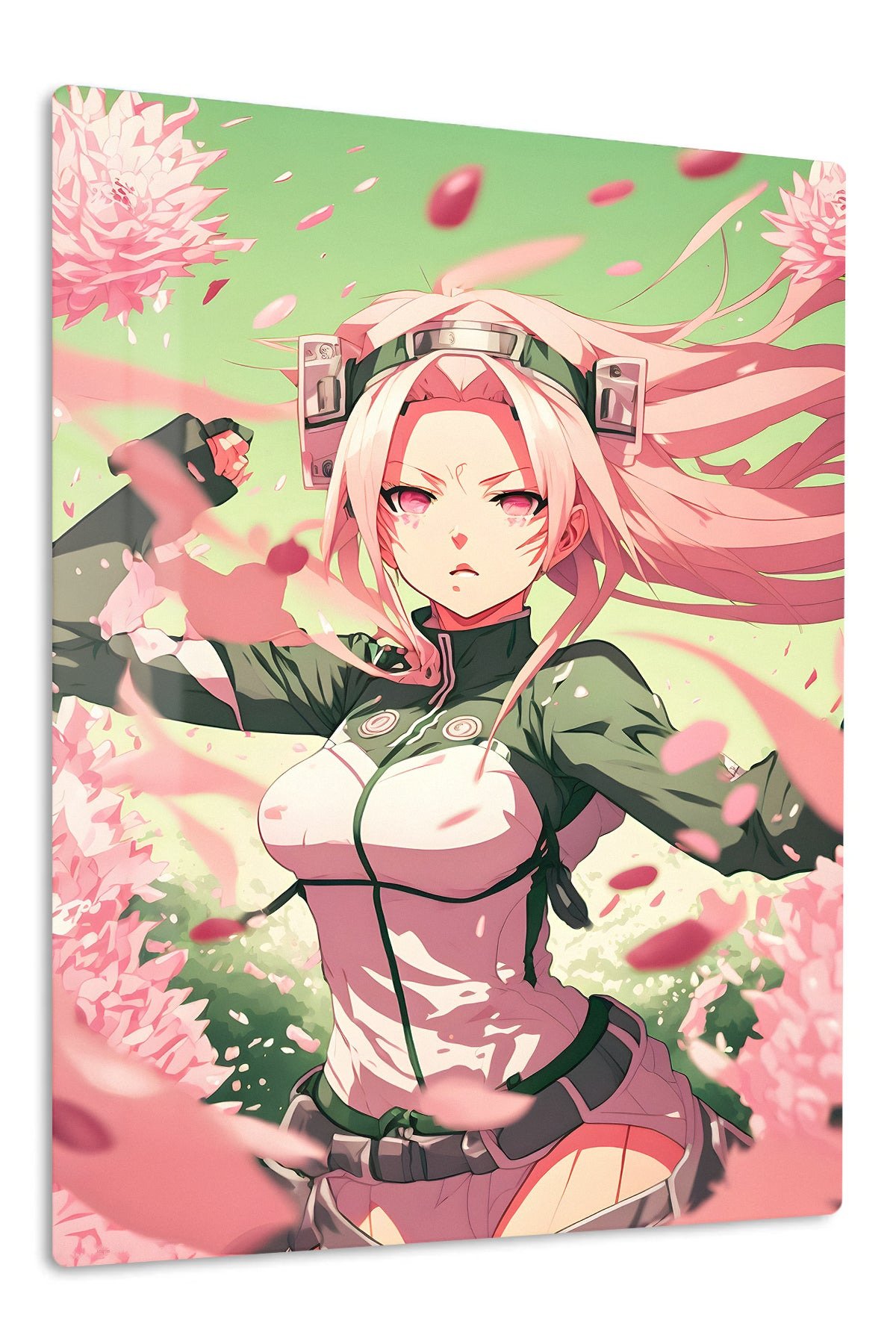 Pink-Haired Warrior Among Falling Petals metal wall art print