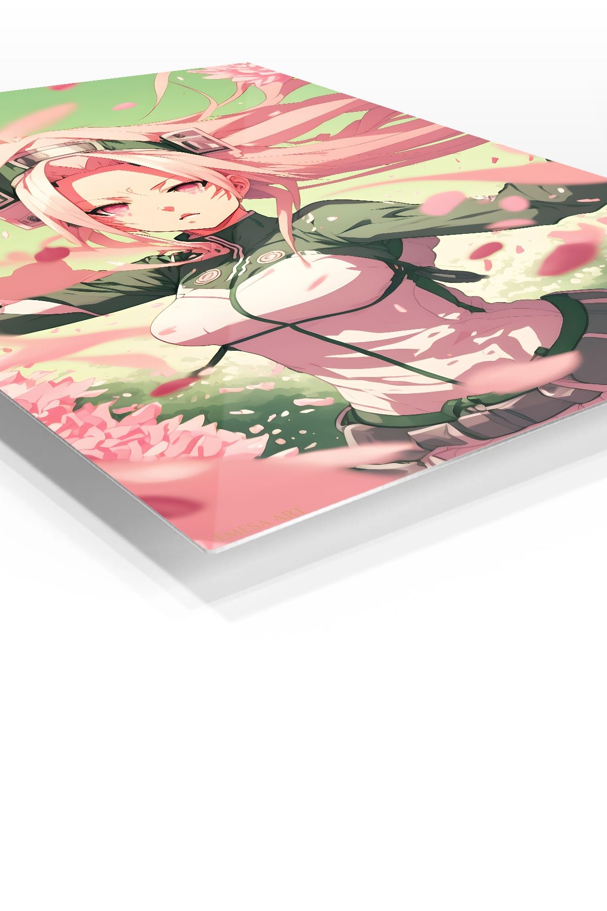 Pink-Haired Warrior Among Falling Petals metal wall art print, view 2