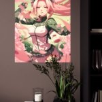 Pink-Haired Warrior Among Falling Petals metal wall art print, view 4