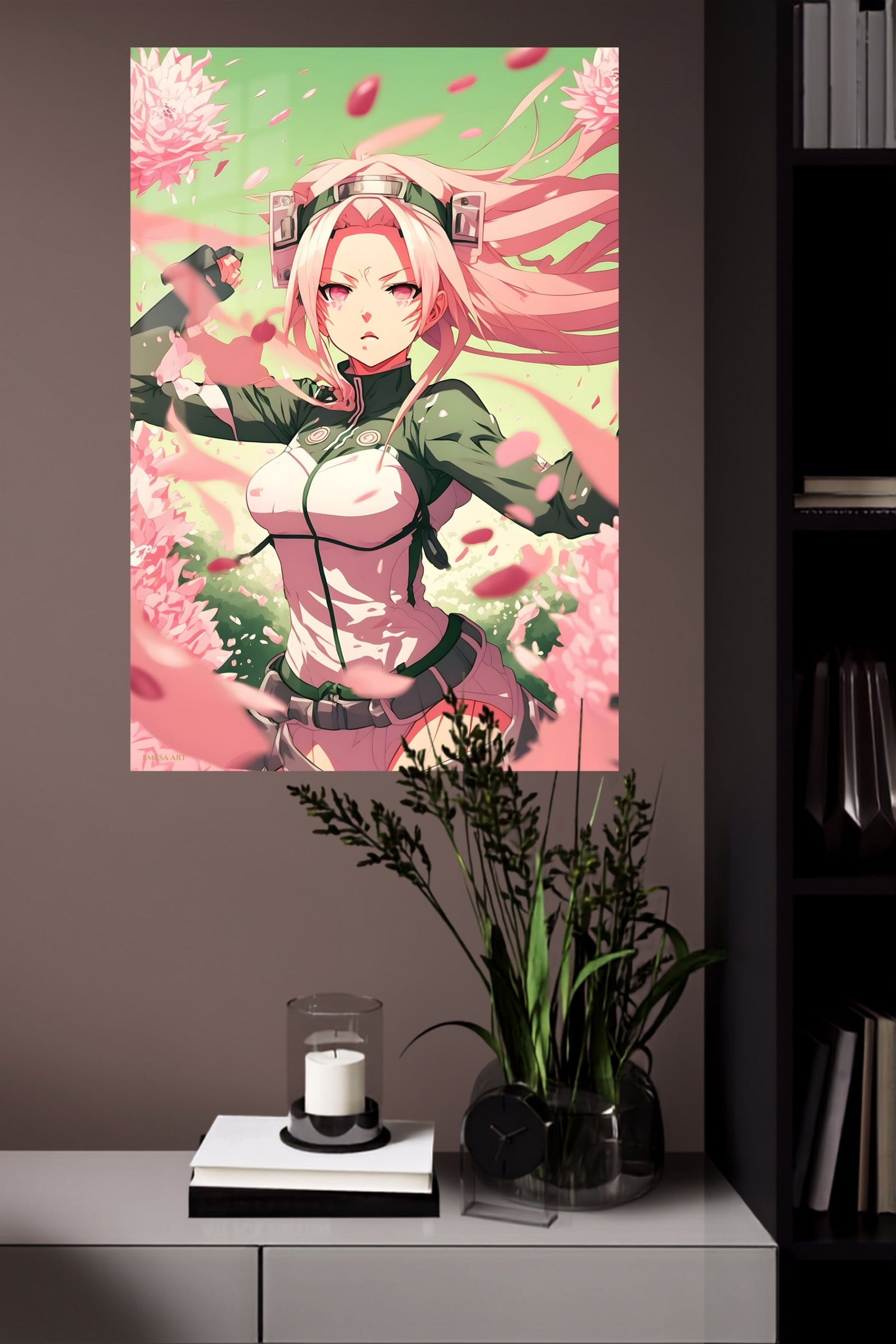Pink-Haired Warrior Among Falling Petals metal wall art print, view 4