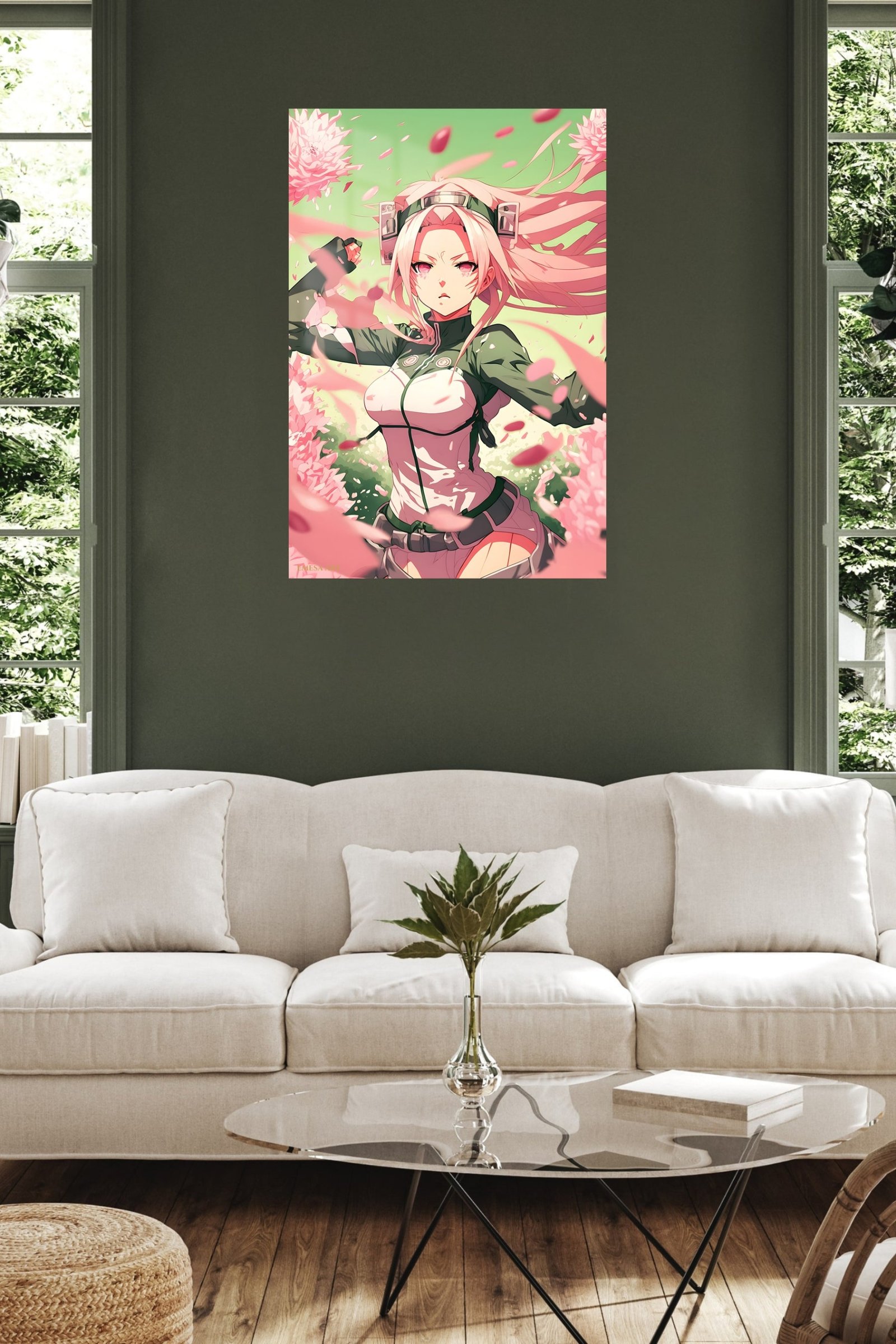 Pink-Haired Warrior Among Falling Petals metal wall art print, view 5