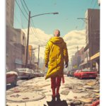 Yellow Coat Through the Ruined City metal wall art print
