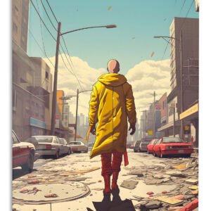 Yellow Coat Through the Ruined City metal wall art print