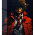 Golden-Haired Figure in Crimson Coat metal wall art print