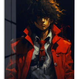 Golden-Haired Figure in Crimson Coat metal wall art print