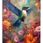 Hummingbird Among Luminous Flowers metal wall art print
