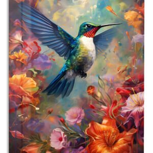Hummingbird Among Luminous Flowers metal wall art print