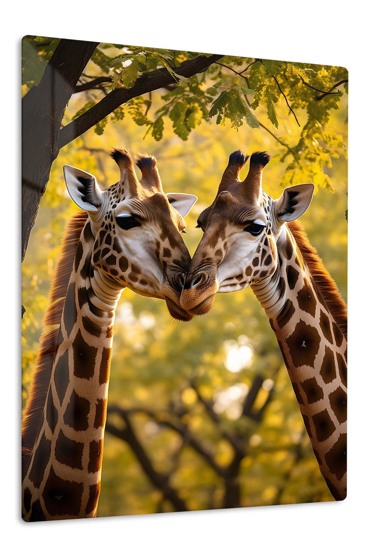 Giraffe Nuzzle at Golden Hour metal wall art print