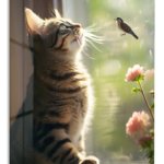 Sunlit Cat and Window Bird metal wall art print