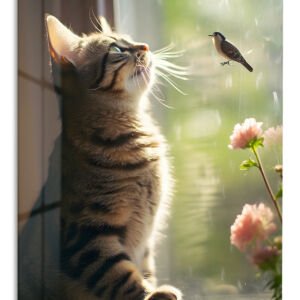 Sunlit Cat and Window Bird metal wall art print