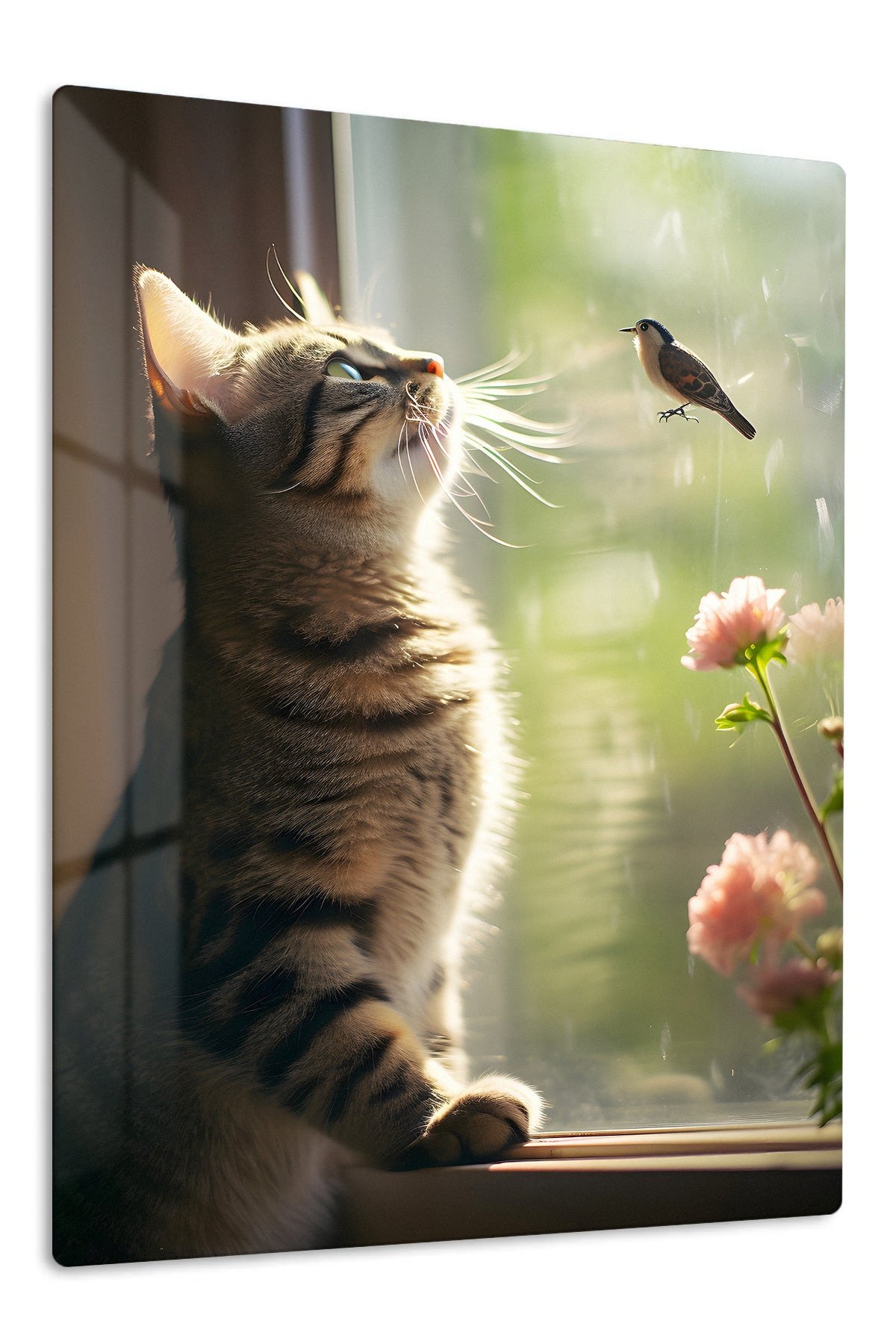 Sunlit Cat and Window Bird metal wall art print