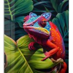 Vivid Chameleon in Tropical Leaves metal wall art print