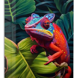 Vivid Chameleon in Tropical Leaves metal wall art print