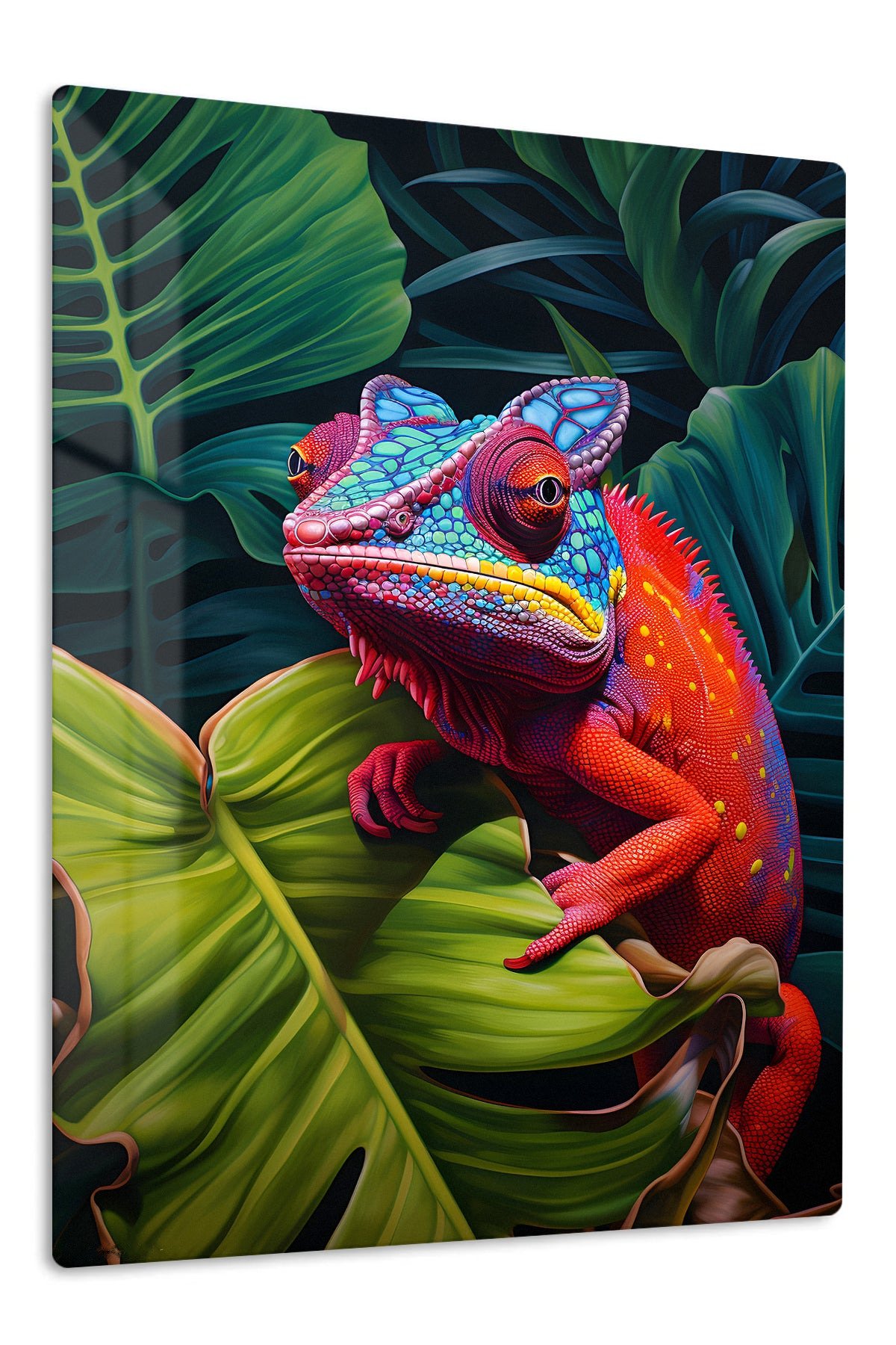 Vivid Chameleon in Tropical Leaves metal wall art print