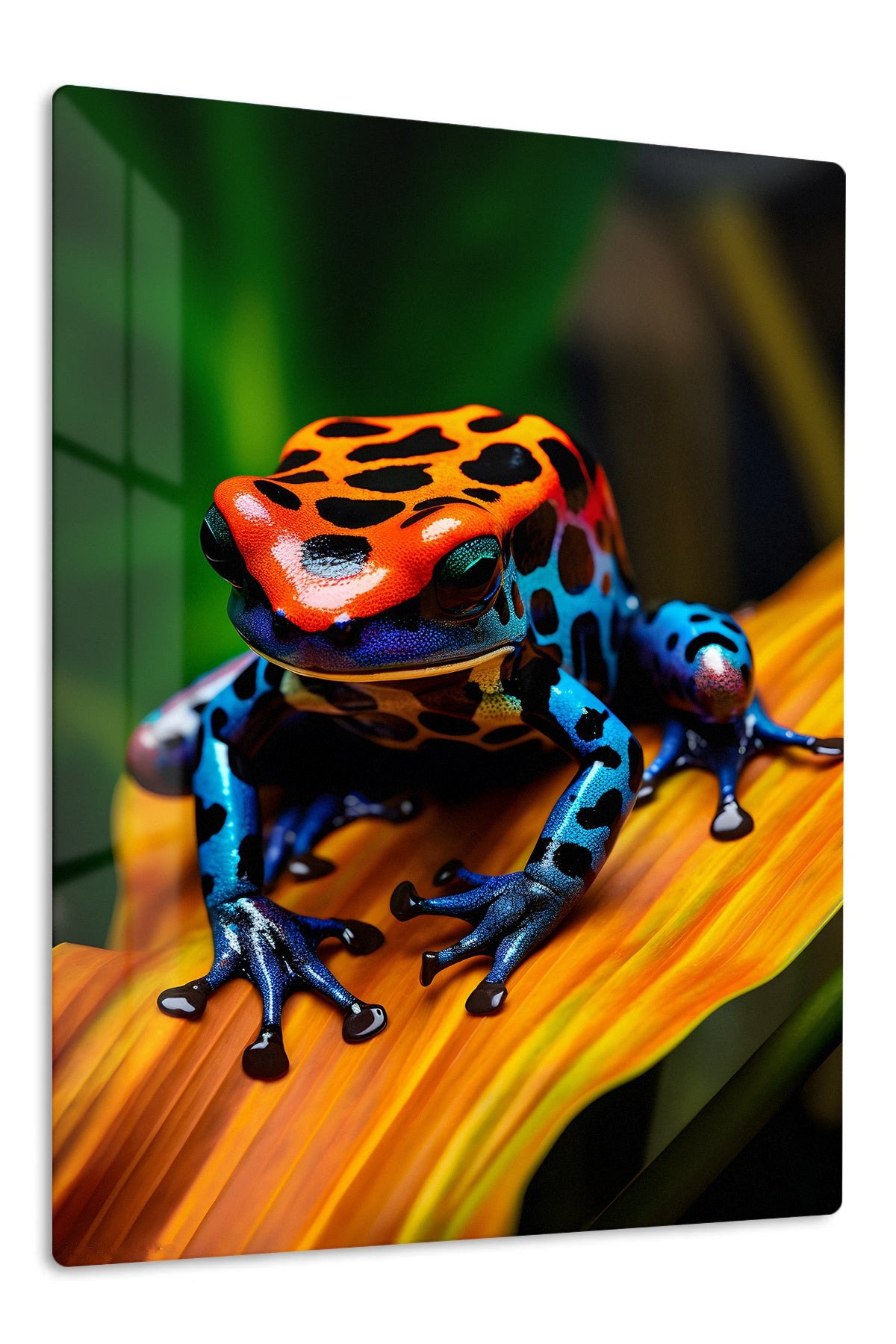 Vivid Spotted Frog on Orange Leaf metal wall art print