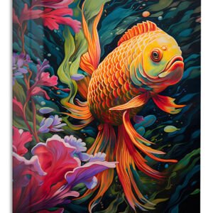 Golden Fish Among Crimson Flowers metal wall art print