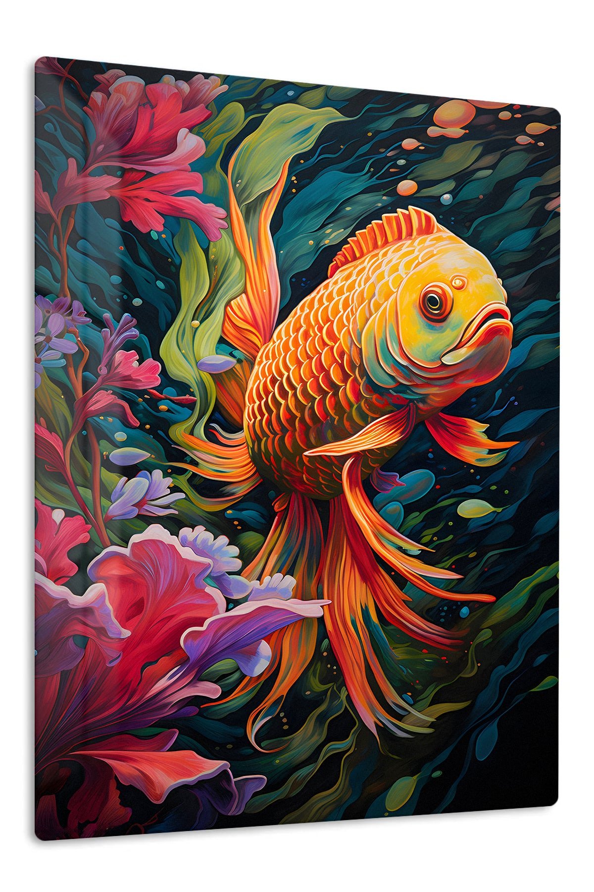 Golden Fish Among Crimson Flowers metal wall art print