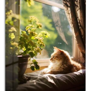 Sunlit Ginger Cat by the Window metal wall art print