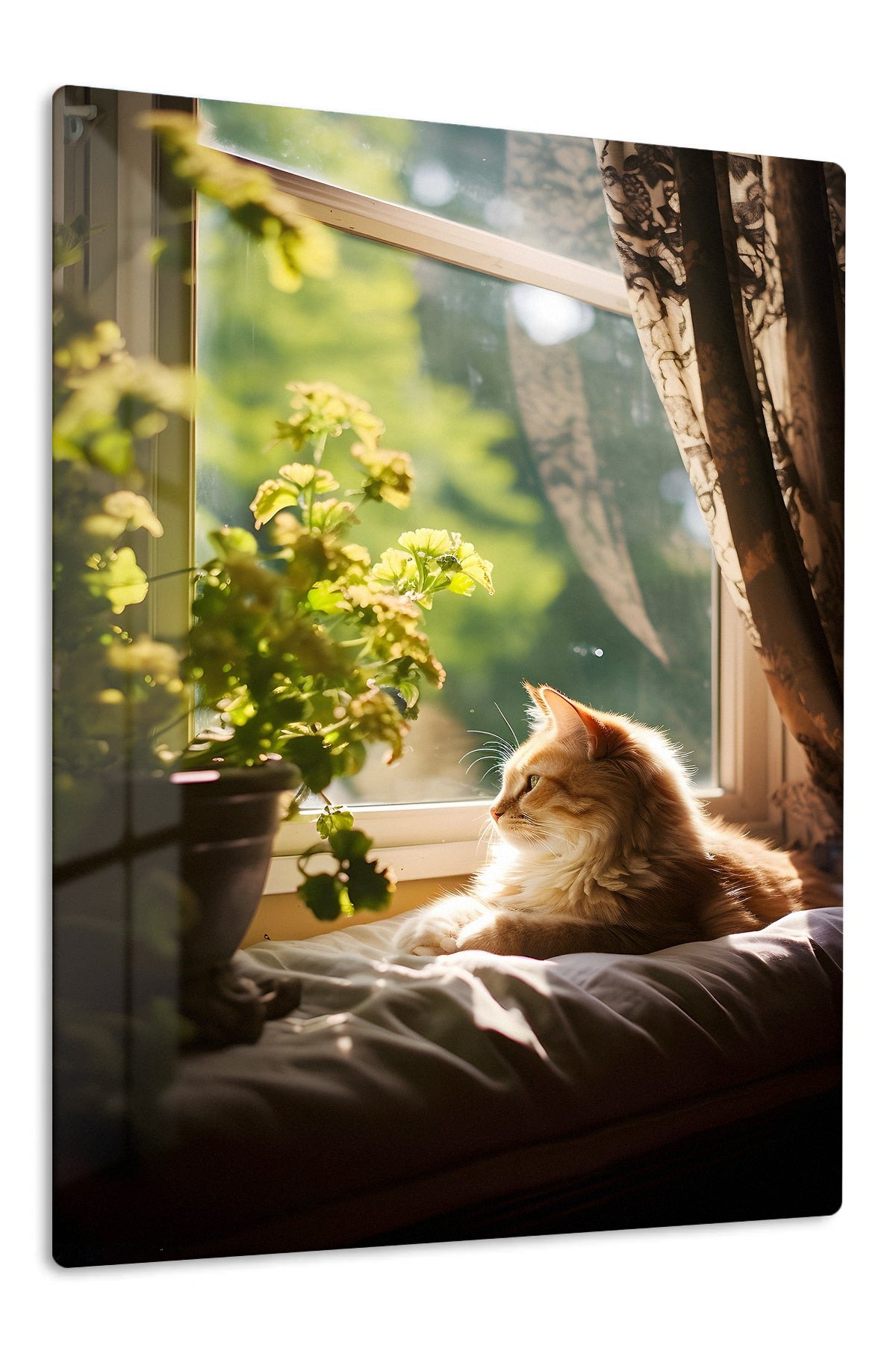 Sunlit Ginger Cat by the Window metal wall art print
