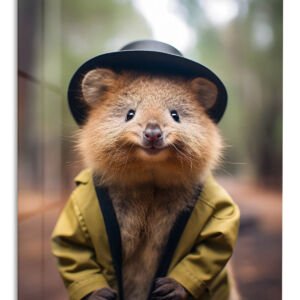 Dapper Quokka in a Raincoat metal wall art print