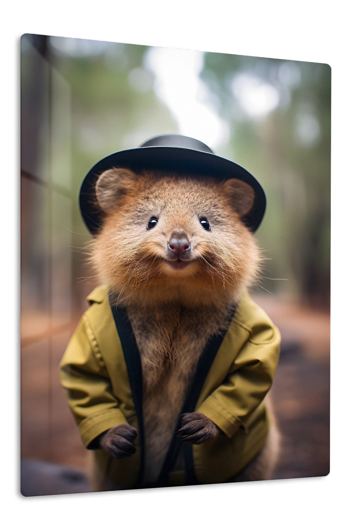Dapper Quokka in a Raincoat metal wall art print