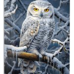 Snowy Owl Among Icy Branches metal wall art print