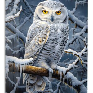 Snowy Owl Among Icy Branches metal wall art print