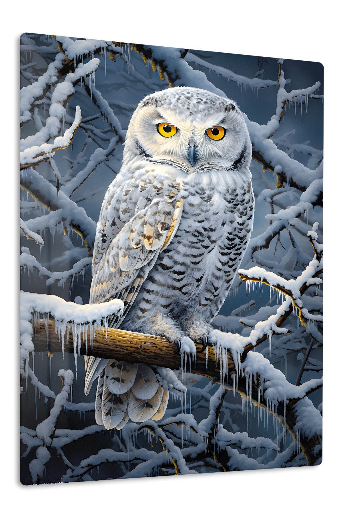 Snowy Owl Among Icy Branches metal wall art print
