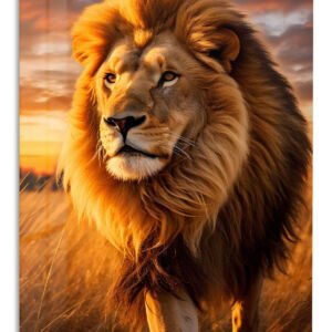 Lion at Golden Sunset metal wall art print