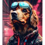 Neon Retriever DJ Portrait metal wall art print