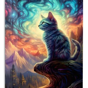 Stargazing Cat Above the Cosmic Valley metal wall art print