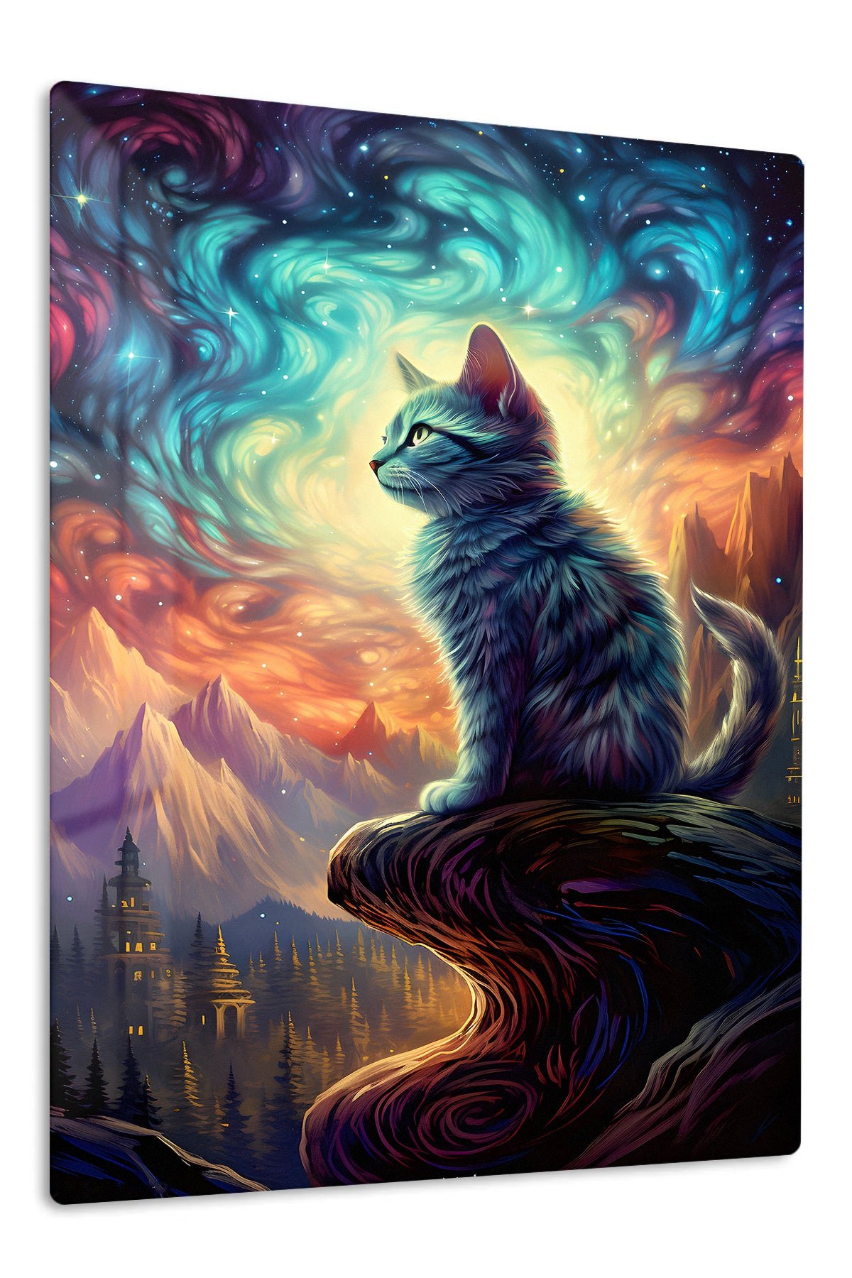 Stargazing Cat Above the Cosmic Valley metal wall art print