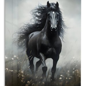 Midnight Stallion in Misty Meadow metal wall art print