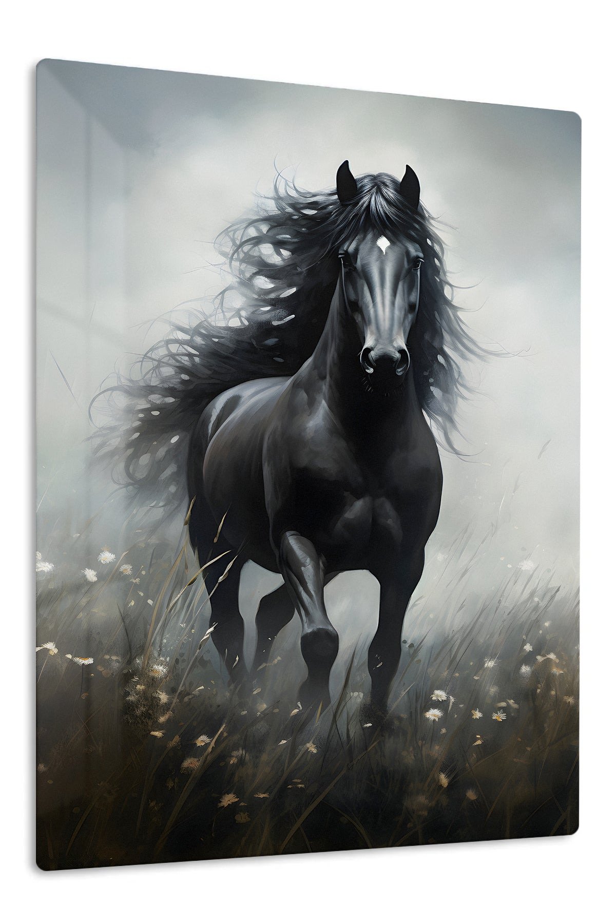 Midnight Stallion in Misty Meadow metal wall art print