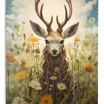 Antlered Deer in a Wildflower Meadow metal wall art print