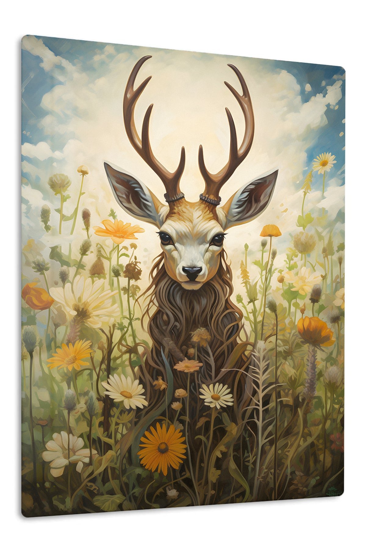 Antlered Deer in a Wildflower Meadow metal wall art print